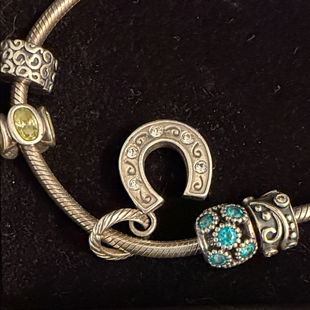 EUC, Silver Pandora Bracelet with Aqua & Citrine color accents, Horseshoe charm